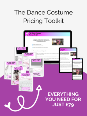 Pale background with a purple curved banner at the bottom. White text at the top reads "The Dance Costume Pricing Toolkit". A collage of mockups featuring screenshots from the product and workbooks included are in the centre. White text at the bottom reads "Everything you need for just £79" A white swirly arrow point up from the bottom to the product mockups in the middle.
