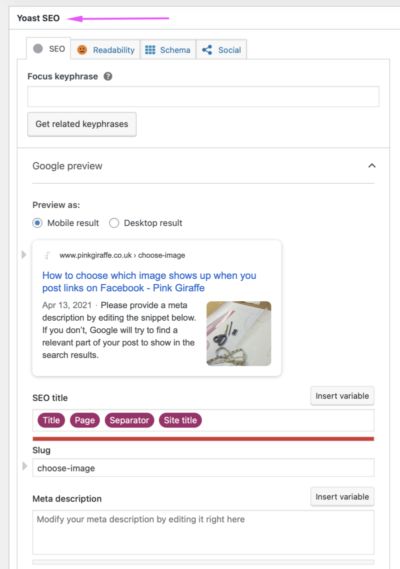 Screenshot of the Yoast plugin dialogue box