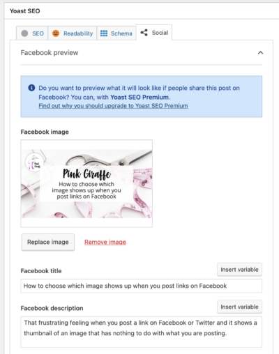 The Yoast dialogue box with the image and tex boxes completed