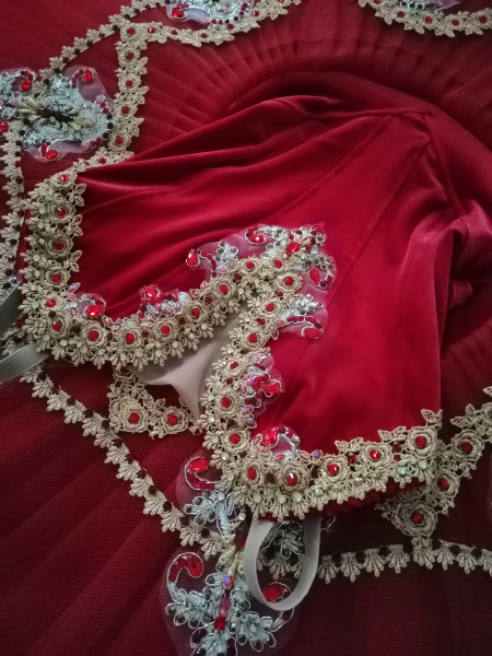 TWA 2 - Tutus with Aroha Close up photograph of a red ballet tutu embellished with gold braid and red crystals. The bodice is laid flat and has a sweetheart shaped neckline.