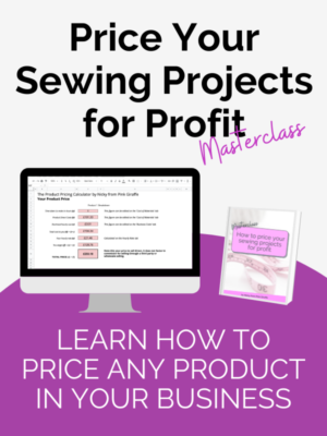 Pale background with a purple curved banner at the bottom. Bold black text at the top reads “Price Your Sewing Projects for Profit.” with “Masterclass” written in pink fancy font across the bottom right corner, and a lightweight white font at the bottom that reads: “Learn how to make an income from your talents.” In the centre is product mockup of a computer screen and a workbook.