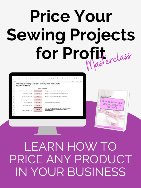 Pale background with a purple curved banner at the bottom. Bold black text at the top reads “Price Your Sewing Projects for Profit.” with “Masterclass” written in pink fancy font across the bottom right corner, and a lightweight white font at the bottom that reads: “Learn how to make an income from your talents.” In the centre is product mockup of a computer screen and a workbook.